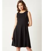Women's Black Round Neck Sleeveless Solid Back Cut-Out Knitted Knee-Long Skater Dress