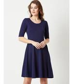 Women's Navy Blue Round Neck Half Sleeve Solid Knitted Knee-Long Skater Dress