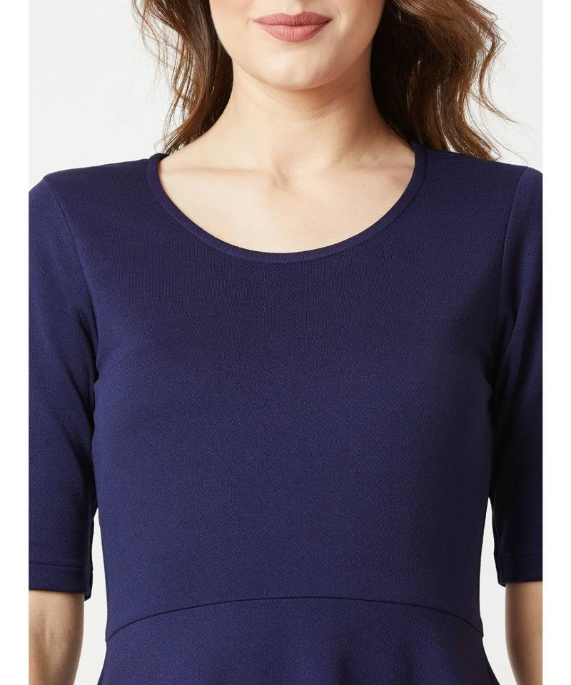 Women's Navy Blue Round Neck Half Sleeve Solid Knitted Knee-Long Skater Dress