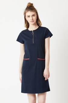 Women's Navy Blue Round Neck Short Sleeve Cotton Solid Twill Tape And Ring Puller Detailing Knee-Long Shift Dress