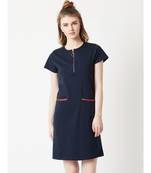 Women's Navy Blue Round Neck Short Sleeve Cotton Solid Twill Tape And Ring Puller Detailing Knee-Long Shift Dress
