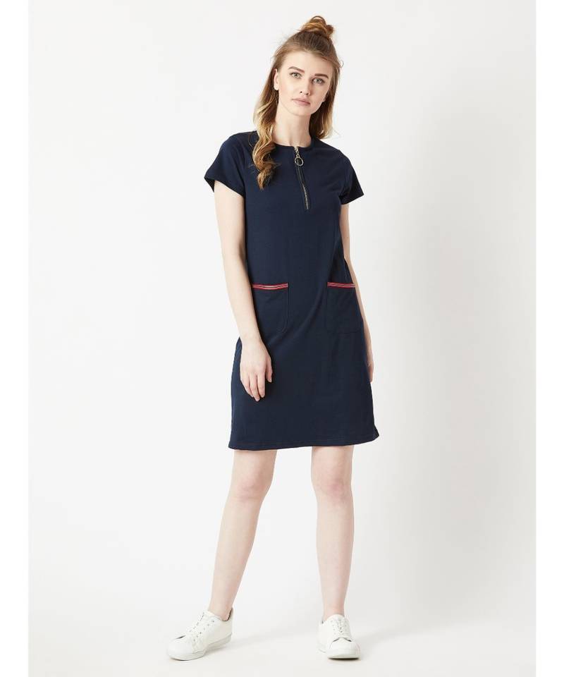 Women's Navy Blue Round Neck Short Sleeve Cotton Solid Twill Tape And Ring Puller Detailing Knee-Long Shift Dress