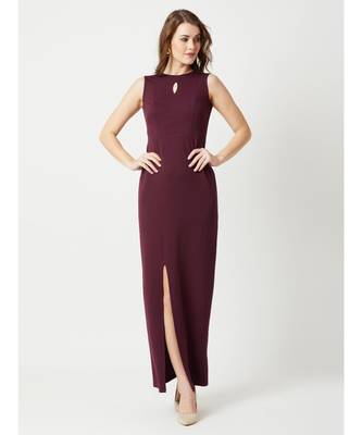 Women's Wine Red Round Neck Sleeveless Solid Bodycon Slit Detailing Maxi Dress 1