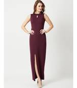 Women's Wine Red Round Neck Sleeveless Solid Bodycon Slit Detailing Maxi Dress