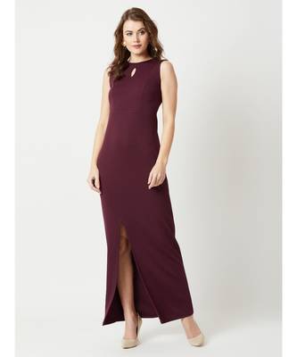 Women's Wine Red Round Neck Sleeveless Solid Bodycon Slit Detailing Maxi Dress 2
