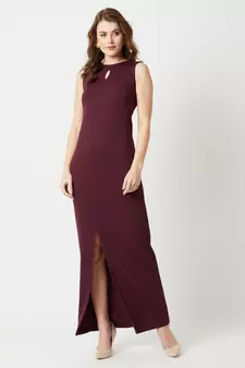 Women's Wine Red Round Neck Sleeveless Solid Bodycon Slit Detailing Maxi Dress