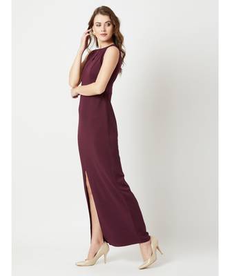 Women's Wine Red Round Neck Sleeveless Solid Bodycon Slit Detailing Maxi Dress 3