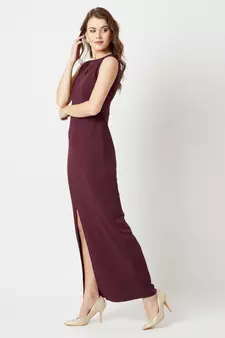 Women's Wine Red Round Neck Sleeveless Solid Bodycon Slit Detailing Maxi Dress