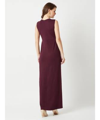 Women's Wine Red Round Neck Sleeveless Solid Bodycon Slit Detailing Maxi Dress 4