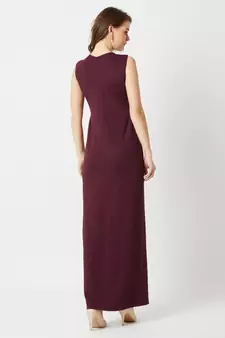 Women's Wine Red Round Neck Sleeveless Solid Bodycon Slit Detailing Maxi Dress