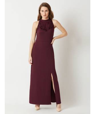 Women's Wine Red Fringed Halter Neck Sleeveless Solid Maxi Front Slit Dress 1