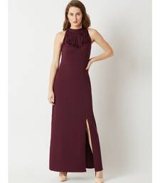 Women's Wine Red Fringed Halter Neck Sleeveless Solid Maxi Front Slit Dress