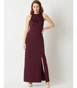 Women's Wine Red Fringed Halter Neck Sleeveless Solid Maxi Front Slit Dress
