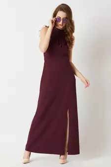 Women's Wine Red Fringed Halter Neck Sleeveless Solid Maxi Front Slit Dress