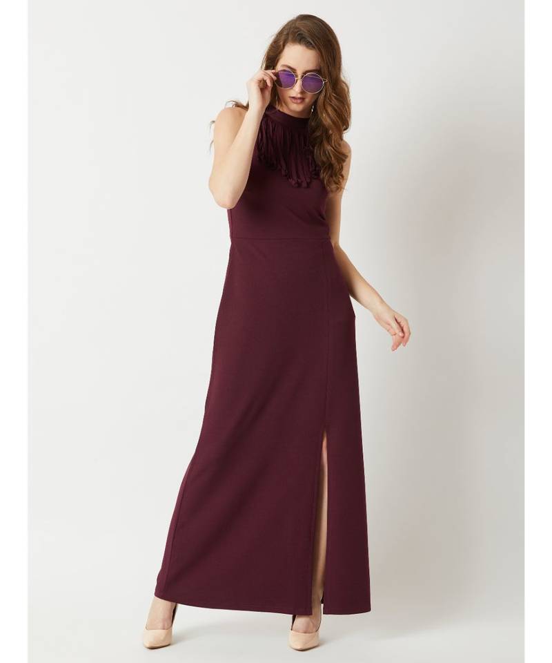 Women's Wine Red Fringed Halter Neck Sleeveless Solid Maxi Front Slit Dress