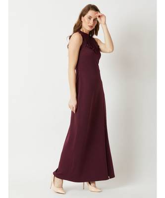 Women's Wine Red Fringed Halter Neck Sleeveless Solid Maxi Front Slit Dress 3