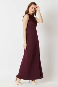 Women's Wine Red Fringed Halter Neck Sleeveless Solid Maxi Front Slit Dress