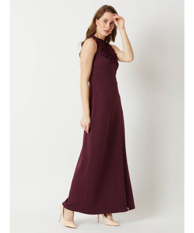 Women's Wine Red Fringed Halter Neck Sleeveless Solid Maxi Front Slit Dress