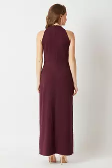 Women's Wine Red Fringed Halter Neck Sleeveless Solid Maxi Front Slit Dress