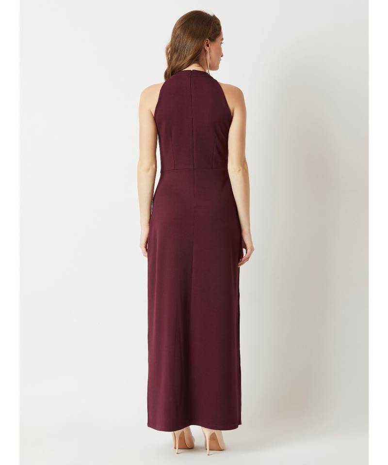 Women's Wine Red Fringed Halter Neck Sleeveless Solid Maxi Front Slit Dress