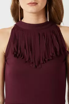 Women's Wine Red Fringed Halter Neck Sleeveless Solid Maxi Front Slit Dress