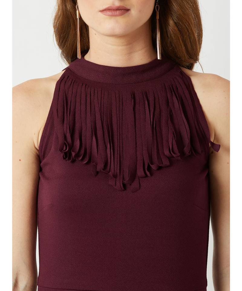 Women's Wine Red Fringed Halter Neck Sleeveless Solid Maxi Front Slit Dress