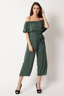 Women's Green Off-Shoulder Sleeveless Solid Pearl Detailing Belted Midi Bardot Style Jumpsuit