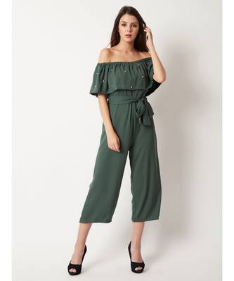 Women's Green Off-Shoulder Sleeveless Solid Pearl Detailing Belted Midi Bardot Style Jumpsuit 1