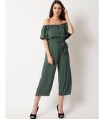 Women's Green Off-Shoulder Sleeveless Solid Pearl Detailing Belted Midi Bardot Style Jumpsuit