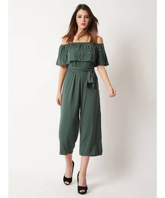 Women's Green Off-Shoulder Sleeveless Solid Pearl Detailing Belted Midi Bardot Style Jumpsuit 2