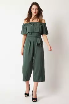 Women's Green Off-Shoulder Sleeveless Solid Pearl Detailing Belted Midi Bardot Style Jumpsuit