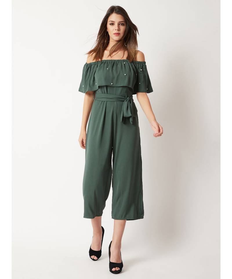 Women's Green Off-Shoulder Sleeveless Solid Pearl Detailing Belted Midi Bardot Style Jumpsuit