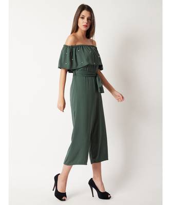 Women's Green Off-Shoulder Sleeveless Solid Pearl Detailing Belted Midi Bardot Style Jumpsuit 3