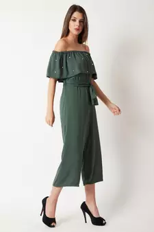 Women's Green Off-Shoulder Sleeveless Solid Pearl Detailing Belted Midi Bardot Style Jumpsuit