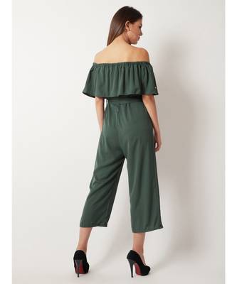 Women's Green Off-Shoulder Sleeveless Solid Pearl Detailing Belted Midi Bardot Style Jumpsuit 4