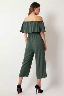 Women's Green Off-Shoulder Sleeveless Solid Pearl Detailing Belted Midi Bardot Style Jumpsuit