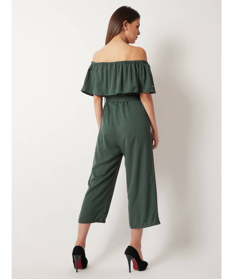 Women's Green Off-Shoulder Sleeveless Solid Pearl Detailing Belted Midi Bardot Style Jumpsuit