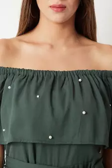 Women's Green Off-Shoulder Sleeveless Solid Pearl Detailing Belted Midi Bardot Style Jumpsuit