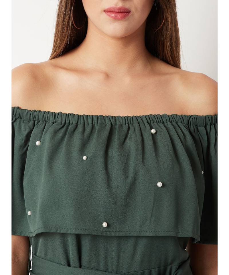 Women's Green Off-Shoulder Sleeveless Solid Pearl Detailing Belted Midi Bardot Style Jumpsuit
