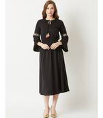 Women's Black Round Neck 3/4 Sleeve Solid Gathered Embroidered Sleeve Tassel Detailing Midi Dress