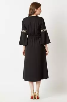 Women's Black Round Neck 3/4 Sleeve Solid Gathered Embroidered Sleeve Tassel Detailing Midi Dress