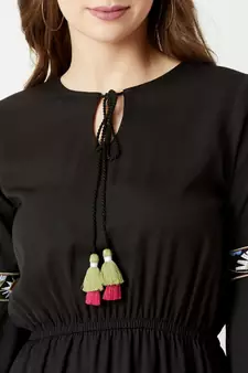Women's Black Round Neck 3/4 Sleeve Solid Gathered Embroidered Sleeve Tassel Detailing Midi Dress