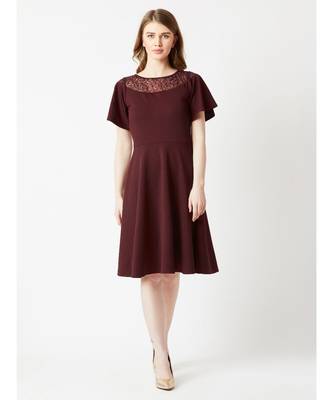 Women's Wine Red Round Neck Flared Short Sleeve Solid Skater Knee-Long Lace Dress 1