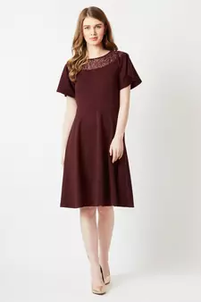 Women's Wine Red Round Neck Flared Short Sleeve Solid Skater Knee-Long Lace Dress