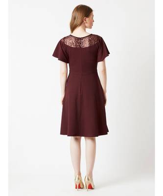 Women's Wine Red Round Neck Flared Short Sleeve Solid Skater Knee-Long Lace Dress 4