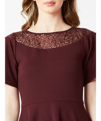 Women's Wine Red Round Neck Flared Short Sleeve Solid Skater Knee-Long Lace Dress 5