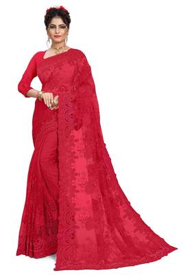 Red embroidered net saree with blouse 1