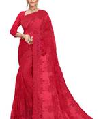 Red embroidered net saree with blouse