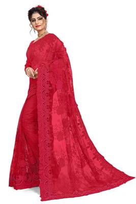 Red embroidered net saree with blouse 2