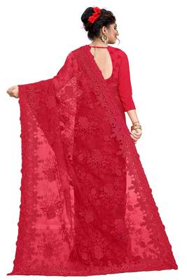 Red embroidered net saree with blouse 3